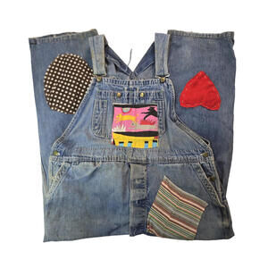 Big Smith Vintage Patchwork Hearts Blue Denim Bib Overalls Mens Size 40x28